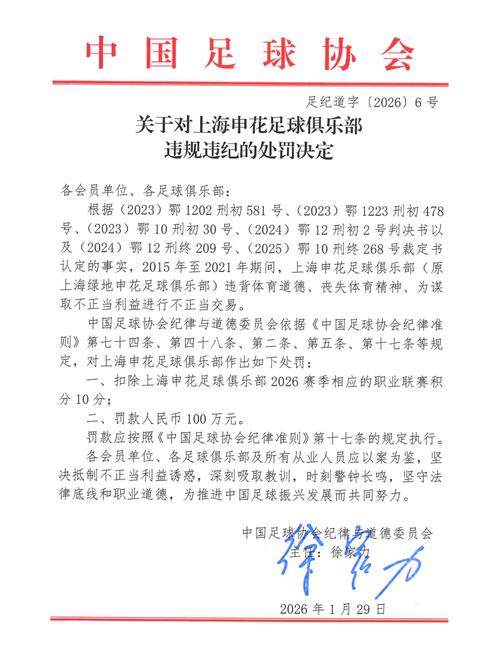 官方：上海申花2026赛季中超将被扣除10个积分